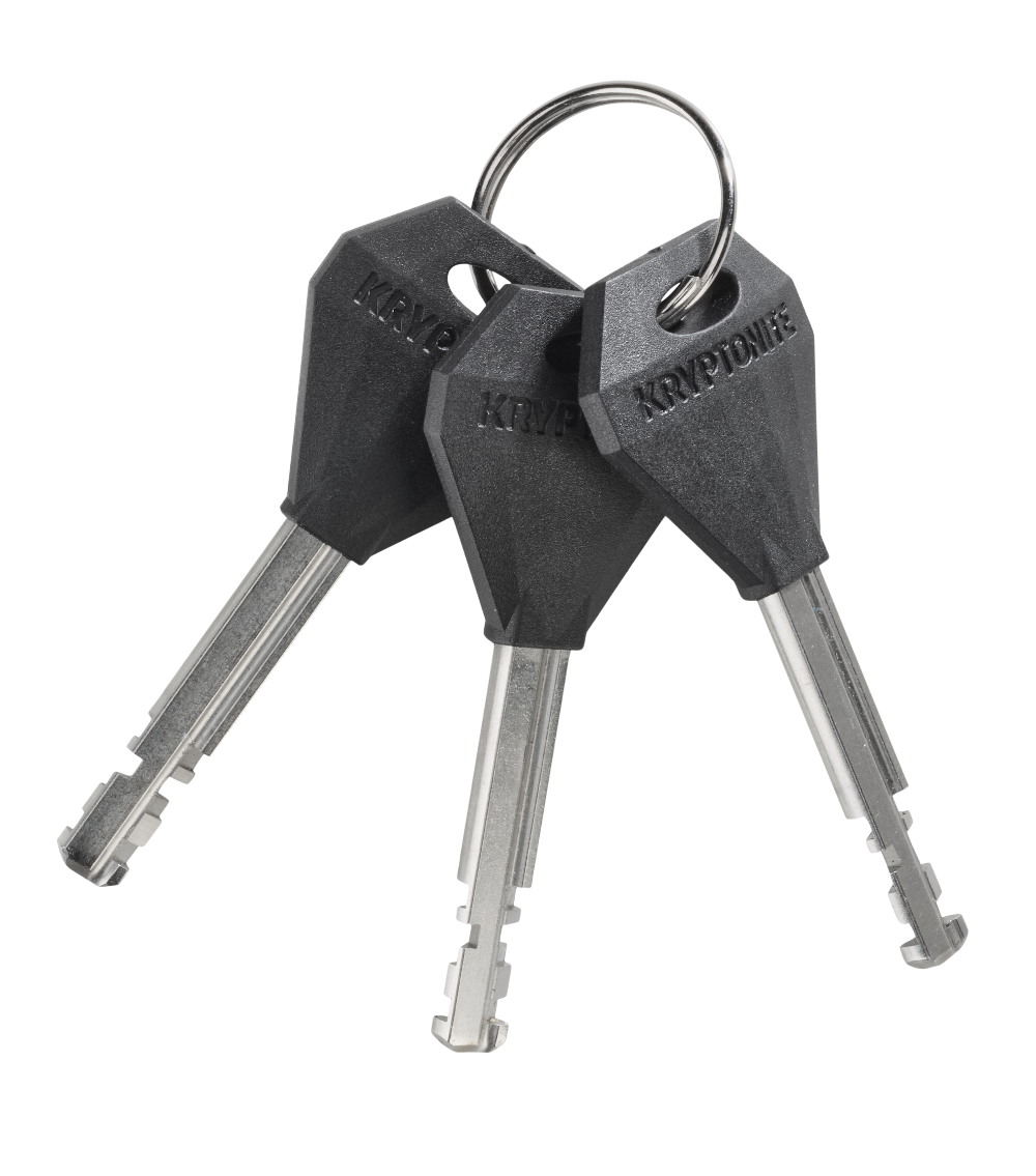 A product image of three Kryptonite Bike Lock keys on a keyring.