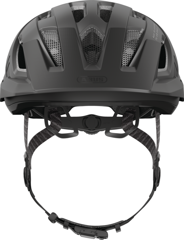 Abus Urban-I 3.0 cycle helmet product image. This view shows the front the of helmet, with the velvet black colour variant.