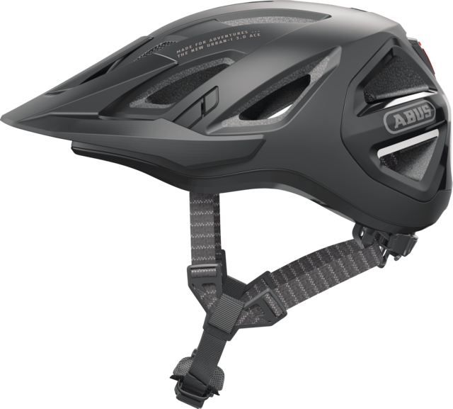 Abus Urban-I 3.0 cycle helmet product image. This view shows the side the of helmet, with the velvet black colour variant.