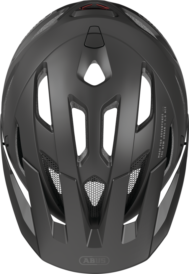 Abus Urban-I 3.0 cycle helmet product image. This view shows the top the of helmet, with the velvet black colour variant.
