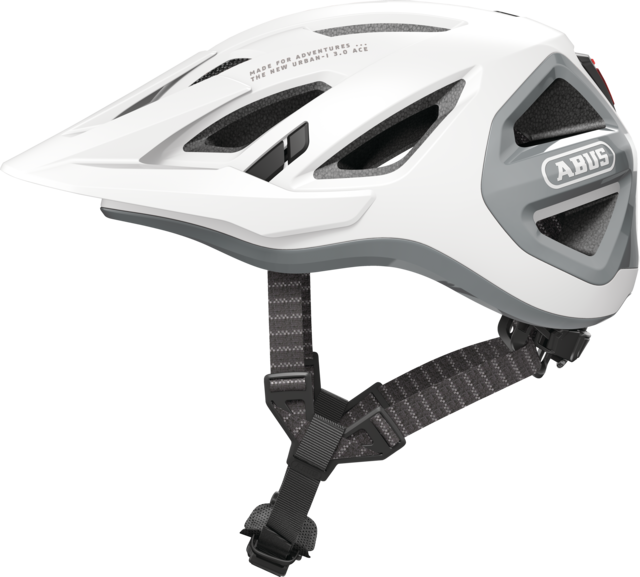 Abus Urban-I 3.0 cycle helmet product image. This view shows the side the of helmet, with the polar white colour variant.