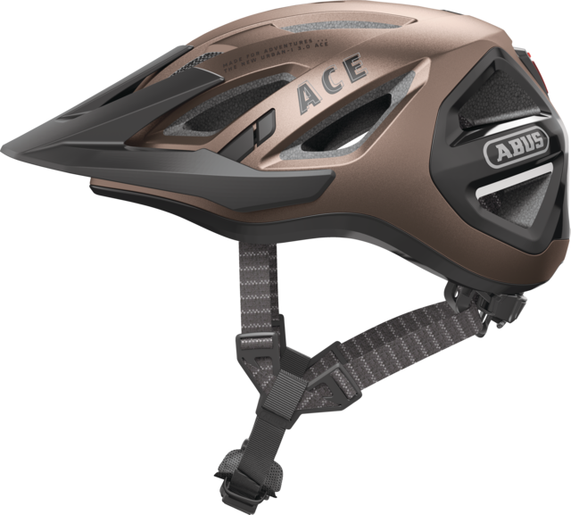 Abus Urban-I 3.0 cycle helmet product image. This view shows the side the of helmet, with the metallic copper colour variant.