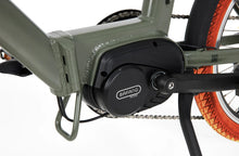 Load image into Gallery viewer, A product image of the Veloci Hopper folding electric bike from LeaseBike, showing a close-up detail of the Bafang M300 mid-drive electric motor which is positioned at the bottom bracket of the bike, in between the pedals.