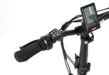 Load image into Gallery viewer, A product image of the Veloci Hopper folding electric bike from LeaseBike, showing a close-up of the handlebars with the controls and display unit for the electric assist.