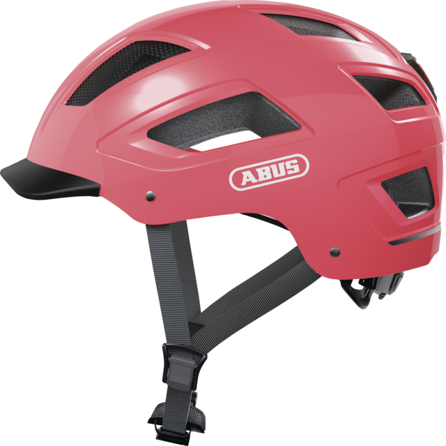 A product image of the Abus Hyban 2.0 cycle safety helmet, showing the colour option for Living Coral.