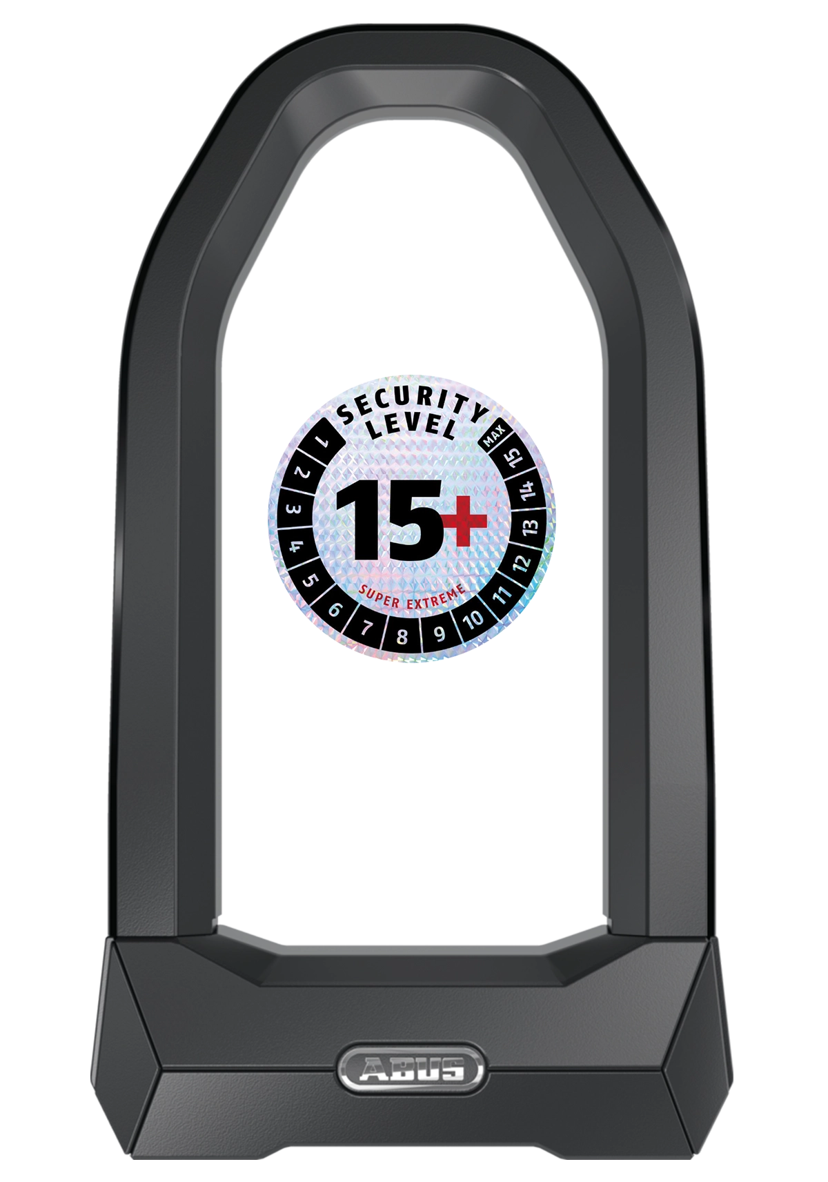 A product image of the Abus Granit Super Extrem 2500 bike lock, featuring a 15+ security level rating - the maximum security rating.