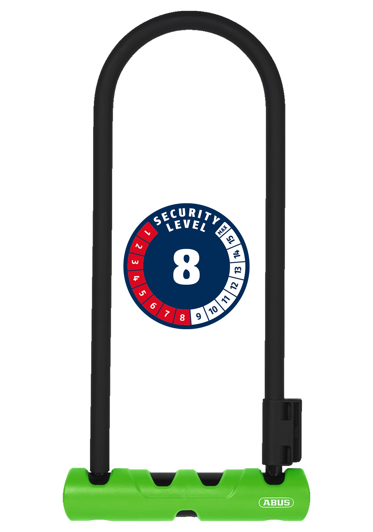 A product image of the Abus Ultra 410 bicycle lock with a Level 8 security rating symbol overlaid on the picture.