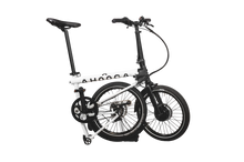 Load image into Gallery viewer, A product image of the Ahooga Max folding electric bike showing the bike in its half-folded configuration. The bike frame is white with black accents. The Ahooga Max folding electric bike is available to buy from Bleeper.