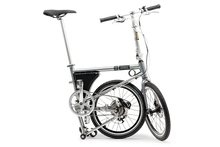Load image into Gallery viewer, A product image of the Ahooga Power 36V folding electric bike showing the bike in its half-folded configuration. The bike's frame colour is grey. The Ahooga Power 36V folding electric bike is available to buy from Bleeper.