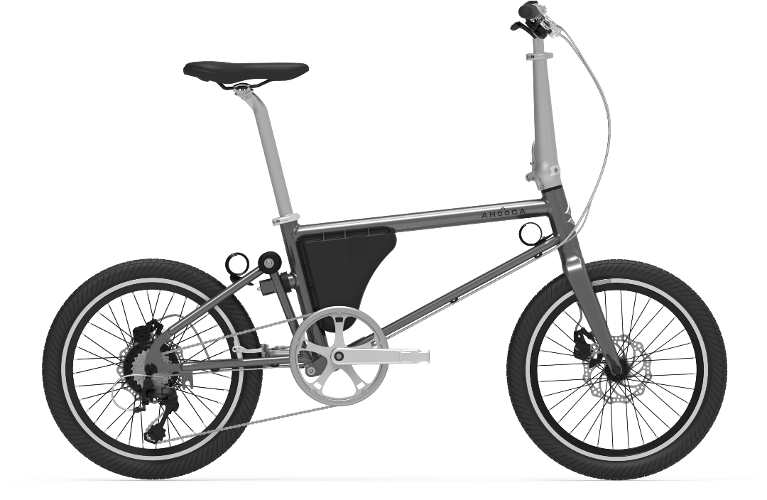 A product image of the Ahooga Power 36V folding electric bike showing the right side of the bike. The bike's frame colour is grey. The Ahooga Power 36V folding electric bike is available to buy from Bleeper.