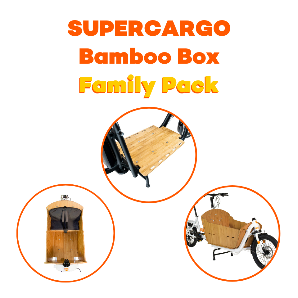 An image showing a combination of the various Yuba Supercargo accessories which make up the Yuba Open Loader Family Pack bundle.