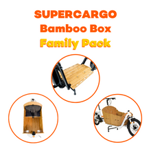 Load image into Gallery viewer, An image showing a combination of the various Yuba Supercargo accessories which make up the Yuba Open Loader Family Pack bundle.