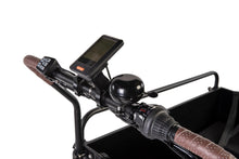 Load image into Gallery viewer, A product image of the Bimas eCargo 3.3 Economy electric cargo bike, showing a close-up of the handlebars, featuring the motor controls, the display unit, and a bicycle bell.