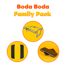 Load image into Gallery viewer, A combination image showing the three products which are included in the Yuba Boda Boda family pack bundle: Yuba Monkey Bars, Yuba Mini Soft Spots, and Yuba Compact AlloyBoards.