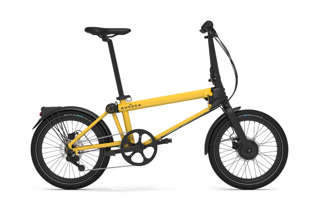 A product image of the Ahooga Max folding electric bike, with a bumblebee yellow and black frame.