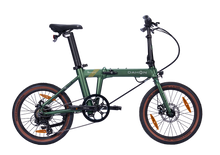 Load image into Gallery viewer, A product image of a folding Dahon E-Hemingway electric bike with a green frame.