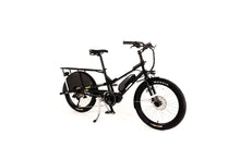 Load image into Gallery viewer, A product image of the Yuba Kombi E6 electric longtail cargo bike taken at an oblique angle from the front right of the bike. This is the bare layout of the bike, with no accessories added. The bike has a black frame.