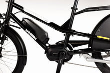 Load image into Gallery viewer, A close-up image of the Yuba Kombi E6 electric longtail cargo bike showing the black frame, the battery and the electric motor.