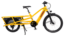 Load image into Gallery viewer, A product image of the Yuba Spicy Curry V4 electric longtail cargo bike. The frame colour is Hello Yellow and the bike is in its basic set up, with no accessories attached.