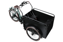 Load image into Gallery viewer, A product image of the Bimas eCargo 3.3 Economy electric cargo bike, showing the top and right side of the cargo bike.