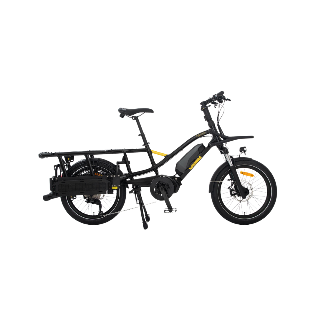 A product image of the Yuba Fastrack electric longtail cargo bike, showing the basic setup with the espresso frame colour option.