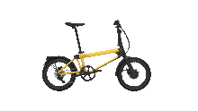 Load image into Gallery viewer, An animated gif of the Ahooga Max folding electric bike showing the various accessories which can be attached to the bike, including a rear rack, a rear bag, and a front pouch. The bike frame is bumblebee yellow with black accents. The Ahooga Max folding electric bike is available to buy from Bleeper.