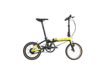 Load image into Gallery viewer, A black and yellow Dahon K-feather folding electric bike on a white background.