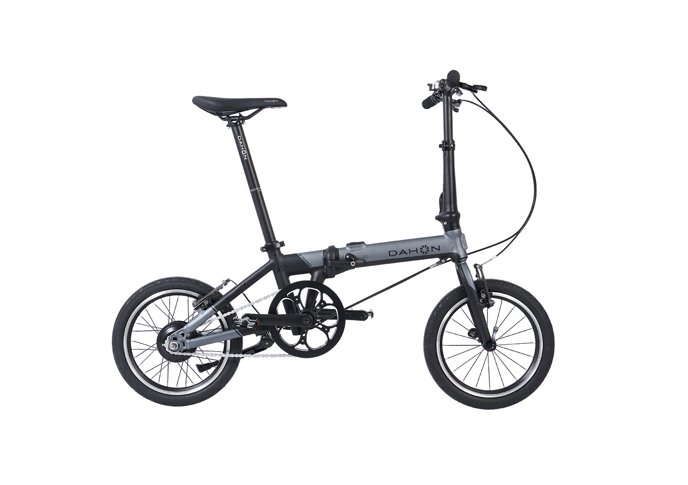 A black and grey Dahon K-feather folding electric bike on a white background.