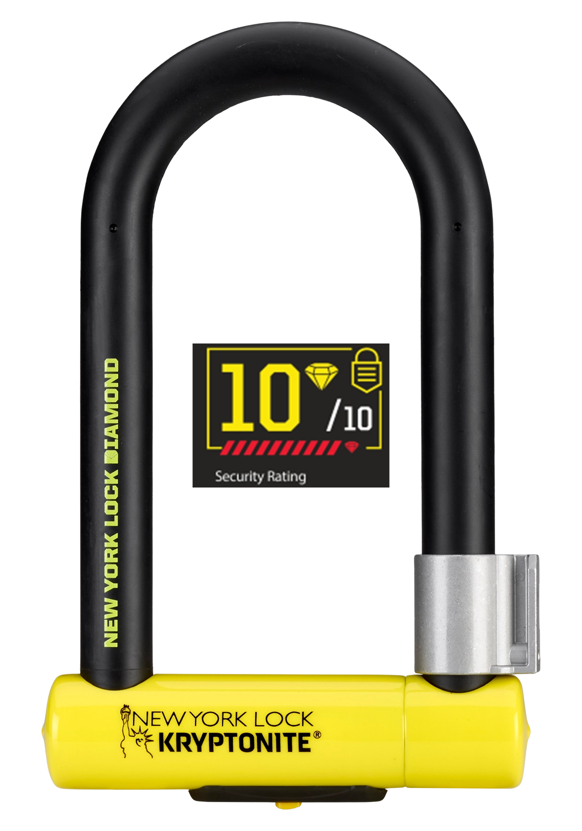 A product image of the Kryptonite New York Lock Diamond, with a 10/10 security rating superimposed on the photo.