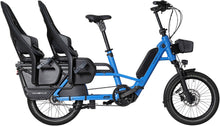 Load image into Gallery viewer, A product image of the Velo de Ville Loady electric longtail cargo bike. The frame colour is blue. Two child seats are attached to the rear rack.