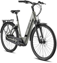 Load image into Gallery viewer, Product image of the BESV CT 2.3 electric bike with the step-through frame variant, in the colour rock grey, shown from the front right of the bike.