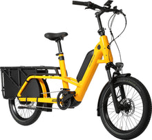 Load image into Gallery viewer, A product image of the Velo de Ville Loady electric longtail cargo bike. The frame colour is yellow. The angle of the image is from the front right of the bike.