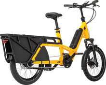 Load image into Gallery viewer, A product image of the Velo de Ville Loady electric longtail cargo bike. The frame colour is yellow. The angle of the photo is from the rear right of the bike.