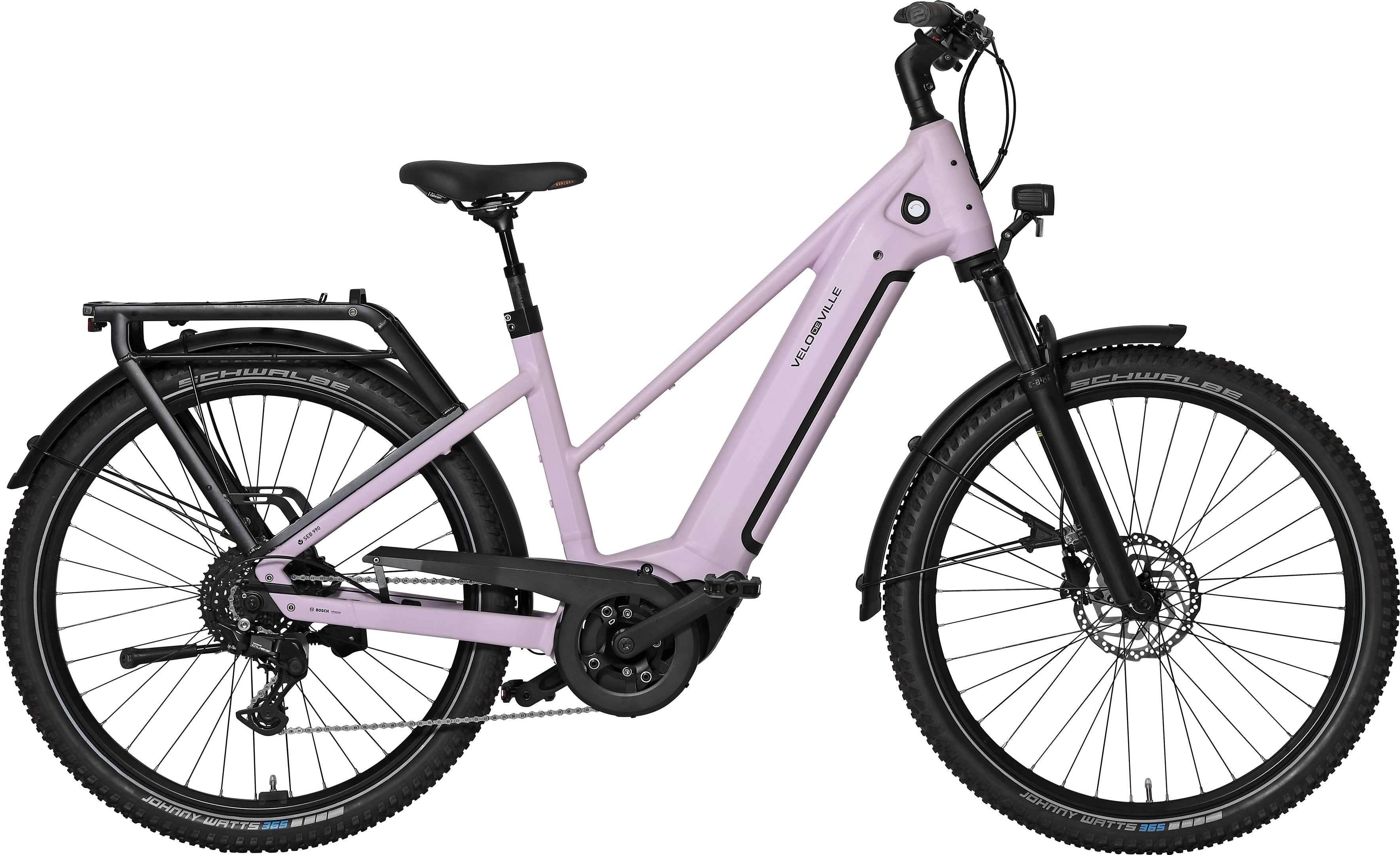 A product image of the VELO DE VILLE SEB electric bike, featuring a French Lavender frame colour.