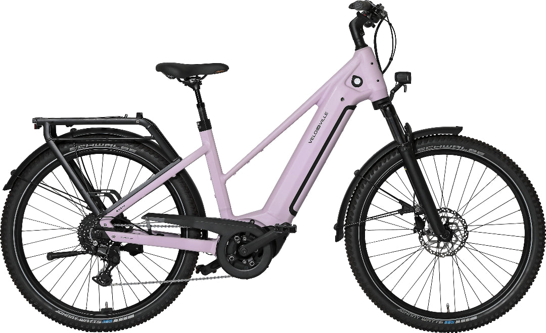 A product image of the VELO DE VILLE SEB electric bike, featuring a French Lavender frame colour.