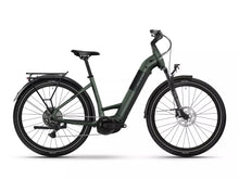 Load image into Gallery viewer, Green electric Raleigh bike on a white background.