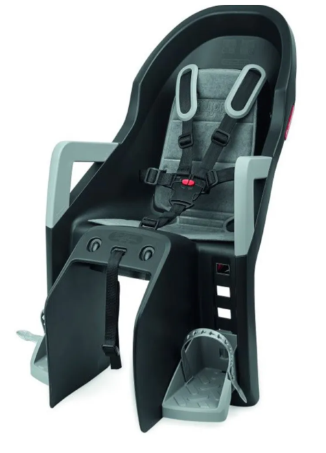 Child bike seat with gray and black design on a white background