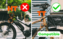 Load image into Gallery viewer, A photo displaying the difference between Yuba cargo bikes which use the Head Tube (HT) and Top Tube (TT) fixation methods for attaching accessories such as baskets to the front of the bike.