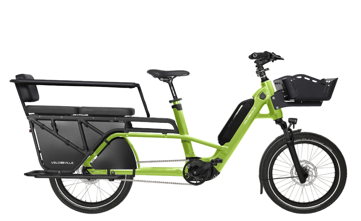 A product image of the Velo de Ville Loady electric longtail cargo bike. The frame colour is green.