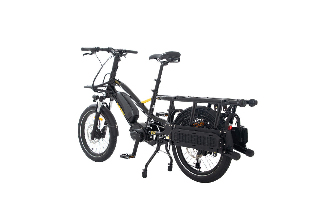 A product image of the Yuba Fastrack electric longtail cargo bike, showing the Espresso frame colour option. The bike is shown from the rear.