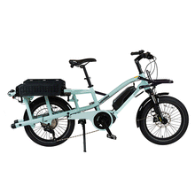 Load image into Gallery viewer, An animated graphic which cycles through the various frame colours and accessory combinations for the Yuba Fastrack electric longtail cargo bike which is available to buy from Bleeper.