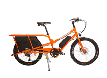 Load image into Gallery viewer, An animated gif showing the various configurations of the Kombi E5 electric longtail cargo bike which can be hired from LeaseBike. The animation cycles through multiple images of the cargo bike with different accessories including child seats, baskets and carrier bags.