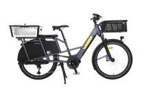 Load image into Gallery viewer, A product image showing the right side of the Yuba Boda Boda electric longtail cargo bike with the pot and front basket accessories attached.