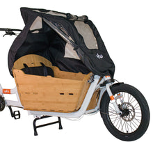 Load image into Gallery viewer, Yuba Supercargo Canopy product image showing the rain tent covering the cargo box on a white Yuba Supercargo CL electric cargo bike. The side door is shown in its rolled up position to allow ventilation and access.