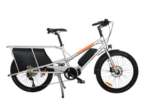 Load image into Gallery viewer, A product image of the Yuba Kombi E5 electric longtail cargo bike which can be hired from LeaseBike. The photo shows the right side of the cargo bike.