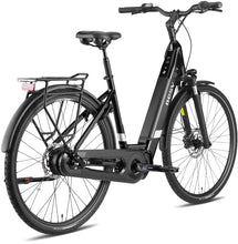 Load image into Gallery viewer, Product image of the BESV CT 2.3 electric bike with the step-through frame variant, in the colour night black, shown from the back right of the bike.