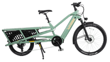 Load image into Gallery viewer, A product image of the Yuba Spicy Curry V4 electric longtail cargo bike. The frame colour is Lunar (a pale green colour) and the bike is in its basic set up, with no accessories attached.