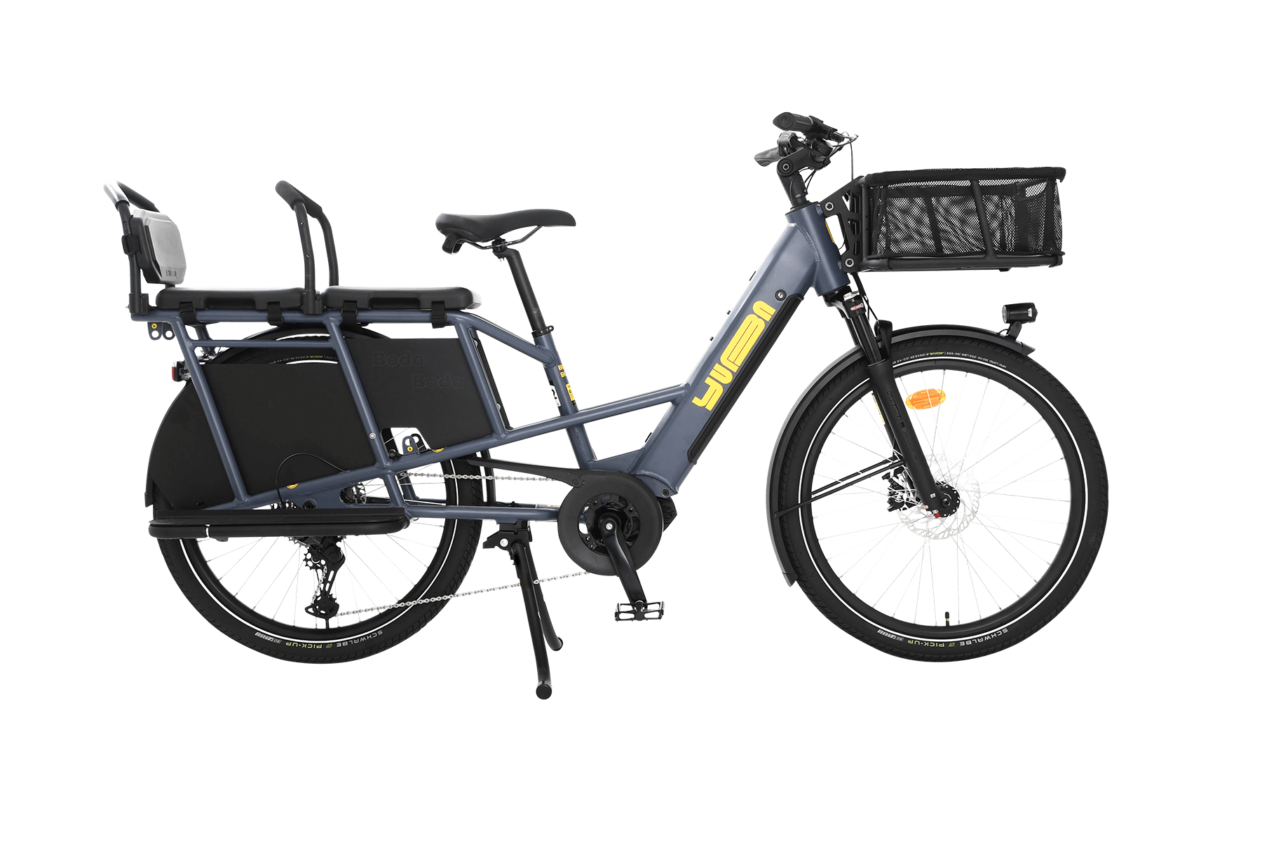 A product image showing the right side of the Yuba Boda Boda electric longtail cargo bike with the rear seat and front basket accessories attached.