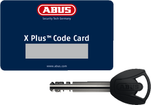 Load image into Gallery viewer, An image of an Abus bike lock key and an X Plus Code Card.