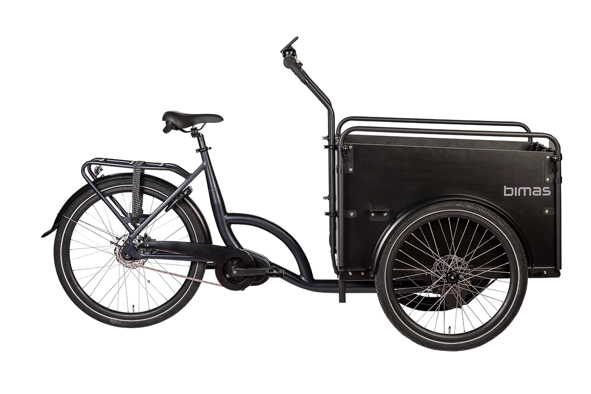 Product image of the Bimas eCargo 3.3 Premium electric cargo bike, shown from the right hand side. The bike frame and cargo box are both black.
